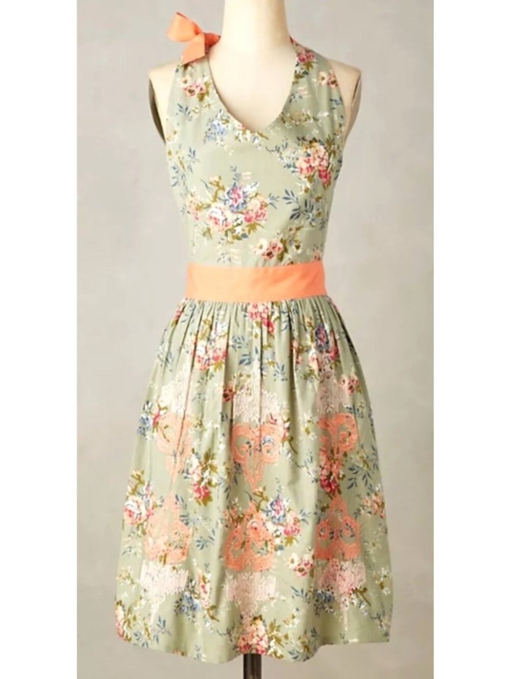 Anthropologie Hand-Embroidered Damask Apron Adjustable Peach Ties